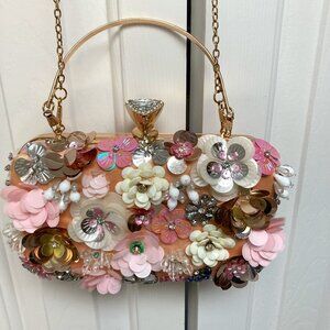 Clutch purse with metal strap - Floral with seqins/beads